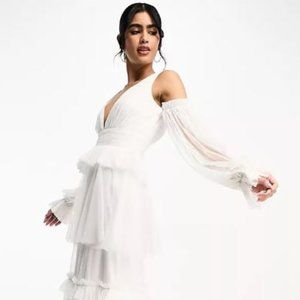 Lace & Beads Exclusive long sleeve tiered maxi dress in ivory